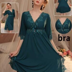 Women's V-Neck Embroidered Lace Nightgown with Built-in Bra Pads